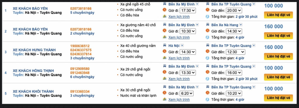 Một số xe khách lên Tuyên Quang